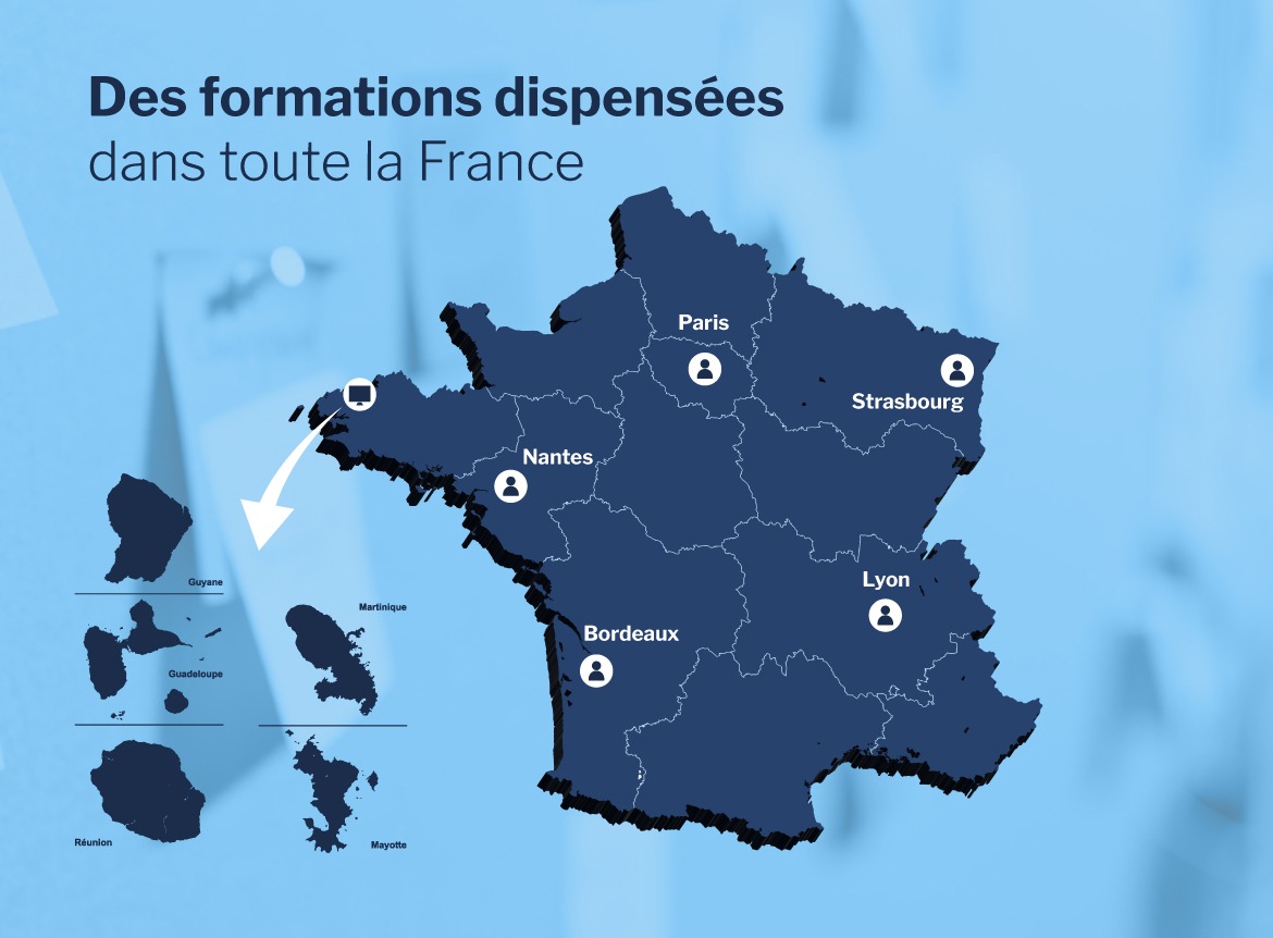 Les formations ont eu lieu en présentiel dans toute la France. À Bordeaux, Lyon, Nantes, Paris, et Strasbourg. Ainsi qu'en visioconférence auprès des RUP.